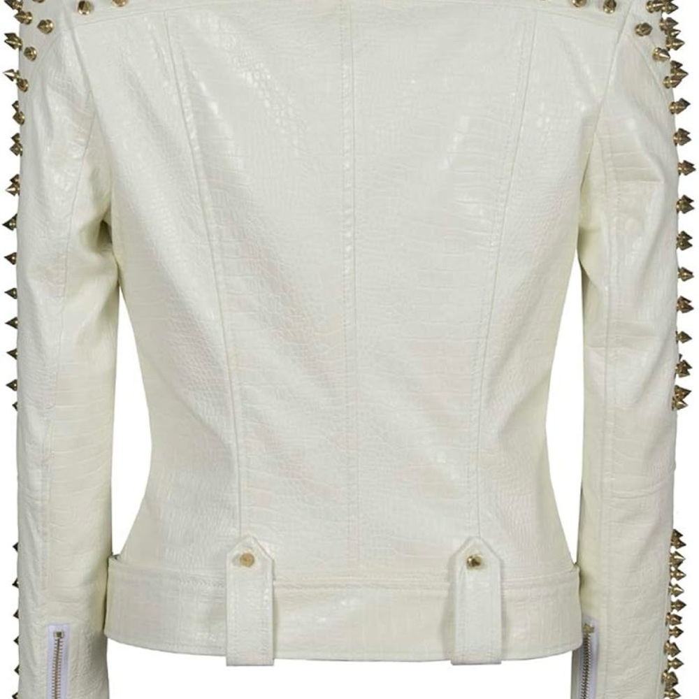 NWT SX Women Faux Leather PU White Jacket Studded Rivet Fashion Jacket Size M - Picture 7 of 12
